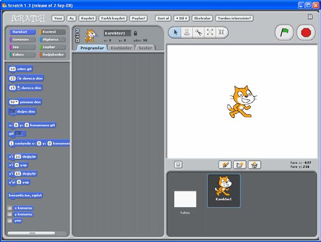 Programlama Ortamı Scratch programı, scratch.mit.edu web adresinden ücretsiz olarak indirilebilir.