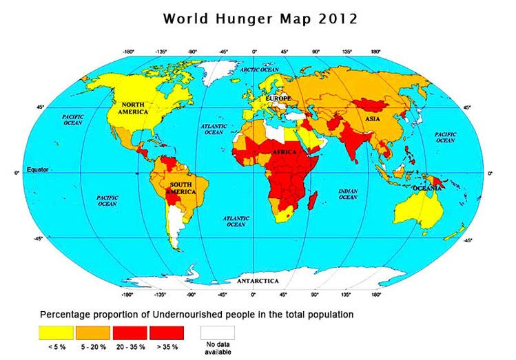 Dünya Açlık Haritası(2012) Toplam Nüfus İçinde Yetersiz Beslenme Yüzde Oranı Bu doğrultuda geliştirilen yeni stratejilerden biri olan Sıfır Arazi Bozulumu ile bozulmuş alanların yeniden restore