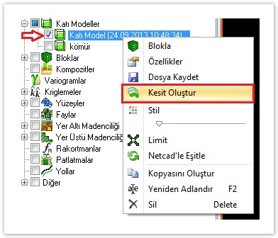 3.3 Katı Model Üzerinden Kesit Oluşturma Işlemleri Veri Kataloğu - Katı Modeller altında yeralan daha önceden oluşturulmuş katı modeller üzerinden kesit oluşturularak tekrar düzenleme yapılabilir.