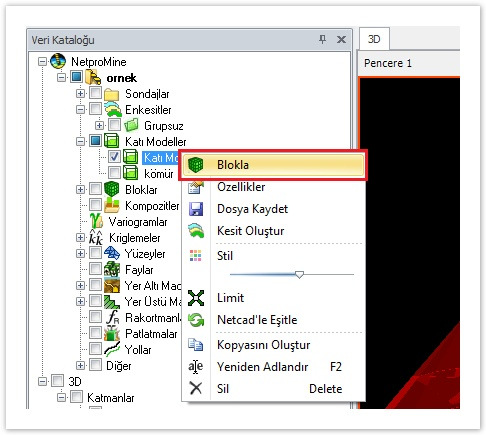 4. BLOK MODELLEME İŞLEMLERİ 4.1 Blok Model Oluşturma İşlemleri Oluşturulan katı modeller bazı parametreler verilerek bloklanabilmektedir.