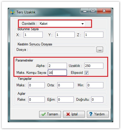 doldurulmalıdır. Alpha : 2 (1-3 arası değer alabilmektedir.) Uzaklık : 250 (Sondajlar arası ortalama mesafe) Maks.