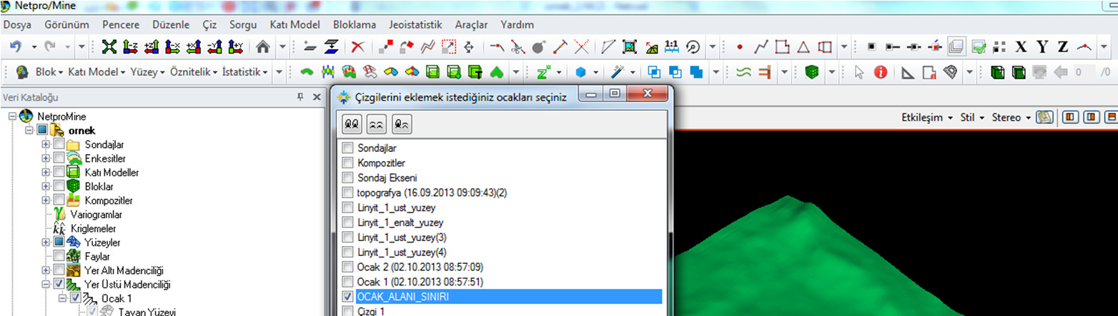 Ocak Çizgileri sekmesi aktif hale gelicek ve altında Çizgi 1 sekmesi oluşacaktır. Çizgi 1 oluştuktan sonra sahaya ait şev çizgileride oluşturulabilir.