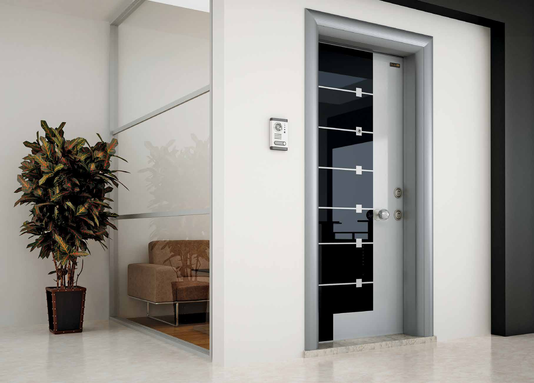 Black &White Security Doors with Glass Panel Cam Panelli Çelik Kapılar Leaf front face is of tempered glass in 8 mm Kanat ön yüz 8 mm temperli cam Leaf reverse side is coated with polyvinyl membrane