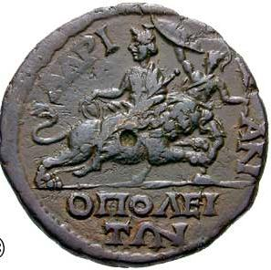 Ayaklarının yanında aslan durur. Caracalla Kaynaklar: Moushmov: no: 2635,Pl.IX 5. Kat.