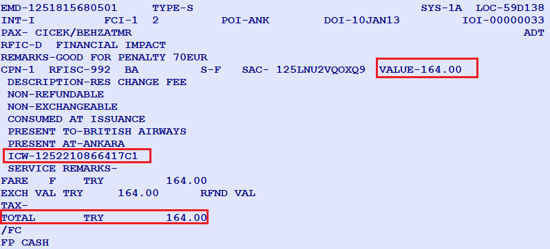 Update tıklanır ve TQM maskesine geri dönülür.yukarıda girilen bilgiler Coupons başlığı altında görünmelidir. 4) PNR, ER ile kaydedilir ve EMD komutu verilir.