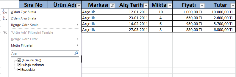 Şekil 104 Markaya göre filtrelenmiş tablo Şekil 105 Hem markaya hem de ürün adına göre filtrelenmiş tablo 8.4. Metni Sütunlara Dönüştürme Bir hücrede bulunan birden fazla kelimeli verileri yan yana ayrı ayrı hücrelere ayırır.