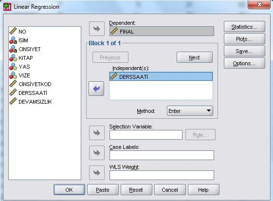Basit Doğrusal Regresyon Bağımlı değişken olarak FİNAL değişkenini girdikten sonra bağımsız değişken