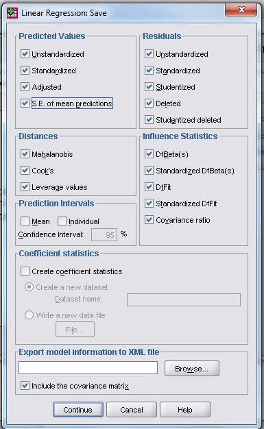 Save (Kaydet) Menüsü Save menüsü içerisinde artık değerleri ve regresyon tanılayıcı değerlerini kaydedebiliyoruz: pre_1: unstandardized predicted value. zpr_1: standardized predicted value.