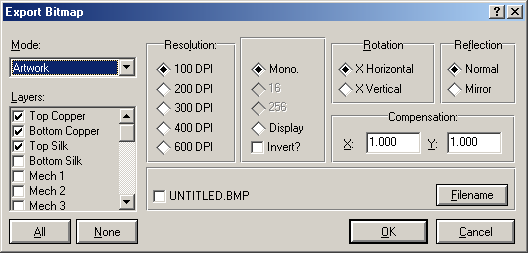 113 Mode, baskı devrenin Bitmap dosyasına hangi biçimde kaydedileceğine ilişkin seçenekleri içerir. Normal olarak, baskı devreler için Artwork biçimi kullanılır.