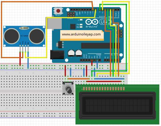 1 Adet Arduino Uno 1 Adet Hc-Sr04 Ultrasonik mesafe sensörü 1 Adet 16 2 Lcd Ekran 1 Adet Breadbord Yeteri kadar jumper kablosu ve isteğe bağlı potansiyometre.