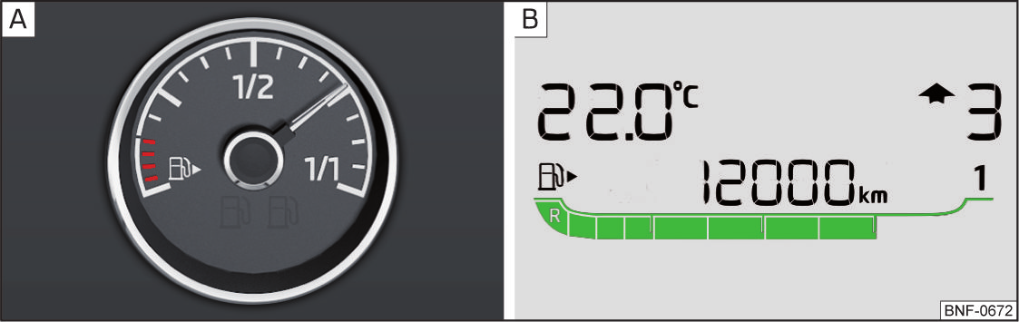Yakıt rezervi göstergesi Şek. 20 Yakıt göstergesi: Varyant 1 / Varyant 2 Önce okuyun ve dikkate alın (Sayfa 26). Yakıt göstergesi sadece kontak açık iken çalışır.