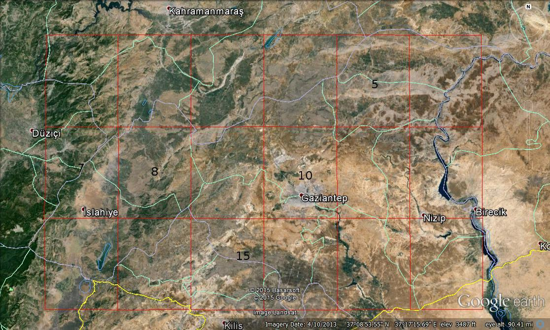 403 Şekil 2. Gaziantep ilimiz üzerindeki TRMM 3B42RT pikselleri ve sel olaylarının oluştuğu düşünülen yerler. 5.