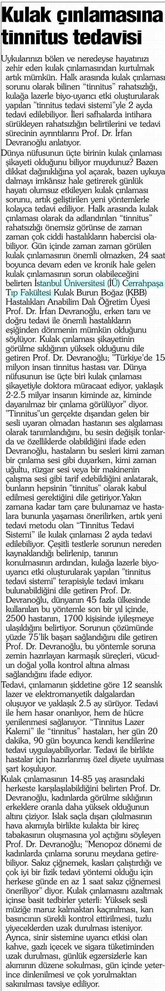 KULAK ÇINLAMASINA TINNITUS TEDAVISI Yayın Adı : Sabah67.