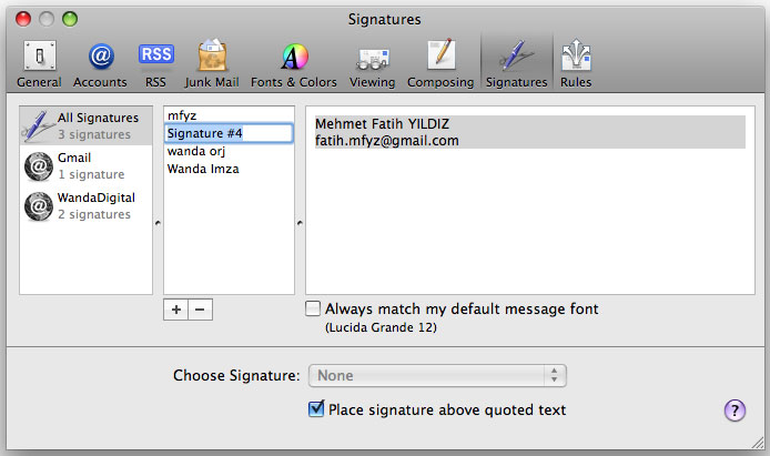 Yeni bir imza oluşturun. Yukarıdaki ekran görüntüsünde Signature #4 ismiyle oluştuğunu göreceksiniz. Otomatik olarak o an açık olan macosx kullanıcısının adı ve epostasından bir imza oluşacaktır.