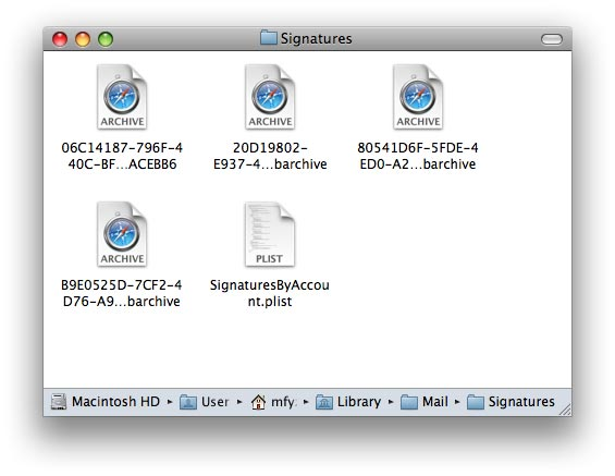 Burada anlamsız birsürü dosya görebilirsiniz. Bunlar mail uygulamasının sizin preferences panelinden oluşturduğunuz imzalarıdır.