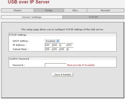 - Sunucu Ayarları: Sayfa, USB sunucusunun TCP/IP ayarlarını