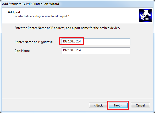 "Next" seçeneğine basın "Printer Name or IP Address"de