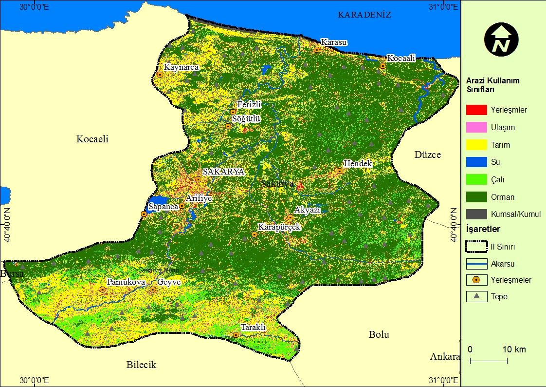 SÜMEYRA KURT EMRE DUMAN Şekil 7: Sakarya İli nde arazi kullanım sınıfları (Landsat Thematic Mapper (2014) uydu görüntüsü ile 1/25.