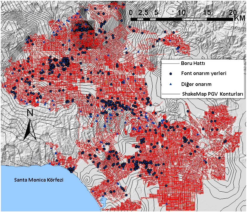 Şekil 3.2 : Boru hattı ve PGV konturları. (Toprak ve diğ., 2008) 3.3.2 Farklı PGV aralıkları ve grid boyutları için hasar ilişkileri Bu bölümde Los Angeles şehri su sistemi verileri için CBS yardımı ile hasar ilişkileri çıkartılmıştır.