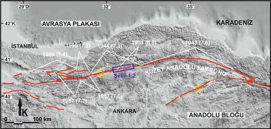 2 ÇANKIRI Şekil 1.1. Türkiye ve yakın çevresindeki önemli aktif tektonik yapılar ve çalışma alanının konumu.