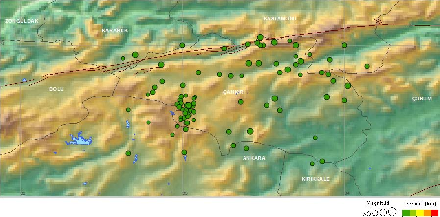 48 Şekil 2.18. Çalışma alanında deprem dağılımını gösterir harita (Afet İşleri Genel Müdürlüğü, Deprem Araştırma Dairesi kayıtları, M>4, 1900 2012 yılları arası). 2.3.2.1 09 Mart 1902 Çankırı depremi: Merkez üssü Korgun yakınlarında olan ve kuvvetli artçı şoklarla devam eden deprem, Çankırı ve yakın çevresinde önemli düzeyde hasara neden olmuştur.