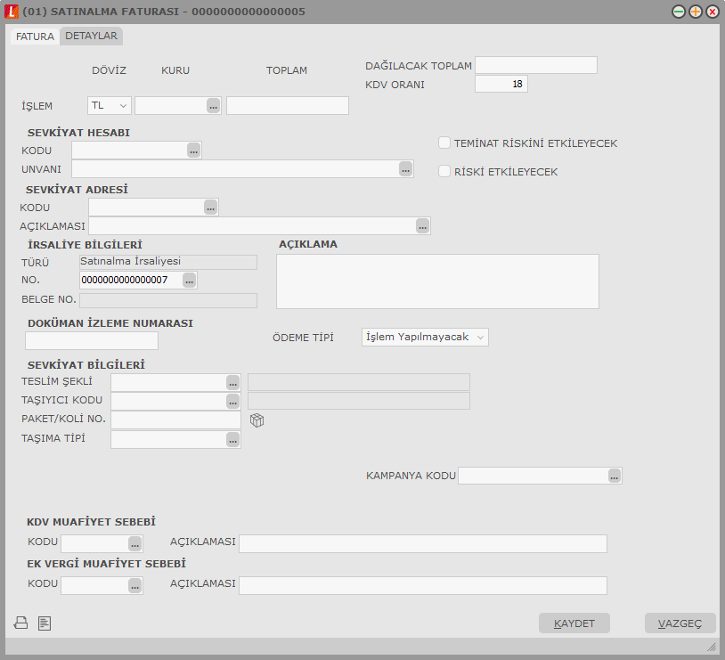 Dağıtılacak Toplam ve KDV alanlarında fatura toplamını etkilemeyen, ancak malın maliyeti üzerinde etkili olacak ek masraf toplamı ve KDV oranı bilgileri kaydedilir.