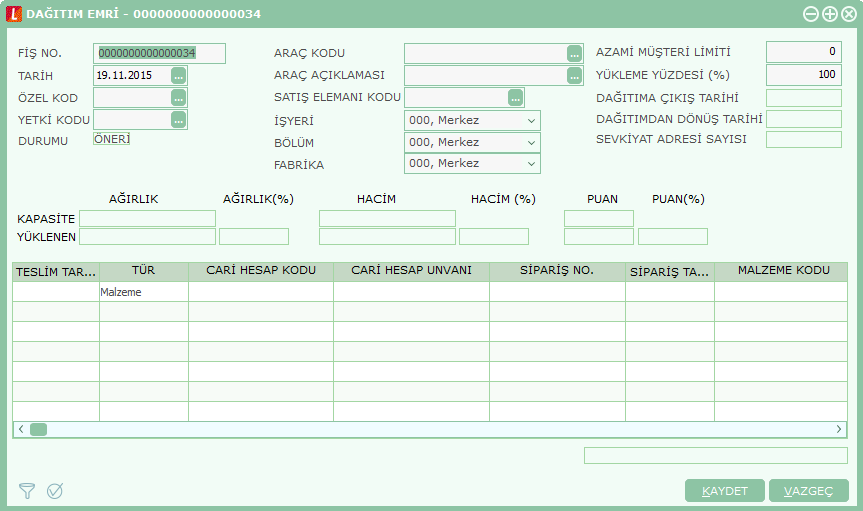 Dağıtım Emri Bilgileri Dağıtım işlemlerine ait bilgiler dağıtım emirleri ile kaydedilir. Yeni tanı için dağıtım emirleri listesinde Ekle seçeneği kullanılır.