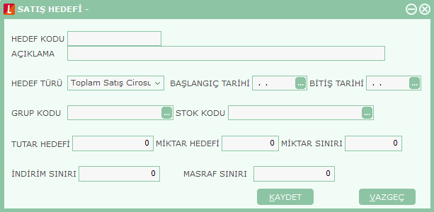 SatıĢ Hedefleri Satış ve satıcı takip sisteminde her satış elemanı için satış hedefi belirlenir, bu hedefler kaydedilir, raporlarda filtre olarak kullanılır ve çeşitli analiz raporları alınır.