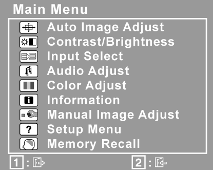 Ekran ayarını yapmak için aşağıdakileri yapınız: 1. Ana Menüyü görüntülemek için [1] düğmesine basınız. NOT: Tüm OSD menüleri ve ayar ekranları yaklaşık 30 saniye sonra otomatik olarak kaybolacaktır.