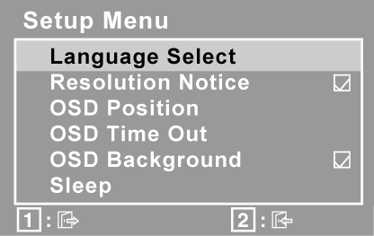 Kontrol Açıklaması Setup menu (Ayar menüsü) kontrolleri aşağıda açıklanmıştır: Language Select (Dil seçimi) Kullanıcının menülerde ve kontrol ekranlarında kullanılan dili seçmesine olanak sağlar.