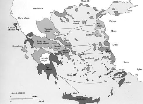 22 Hellen ve Roma Tarihi Resim 2.1 Ege göçleri, Yunan dili ve lehçeleri. Kaynak: P. Cartledge (ed.), (1998), s. 39. Bat Anadolu ya ilk gelenler Aioller idi.