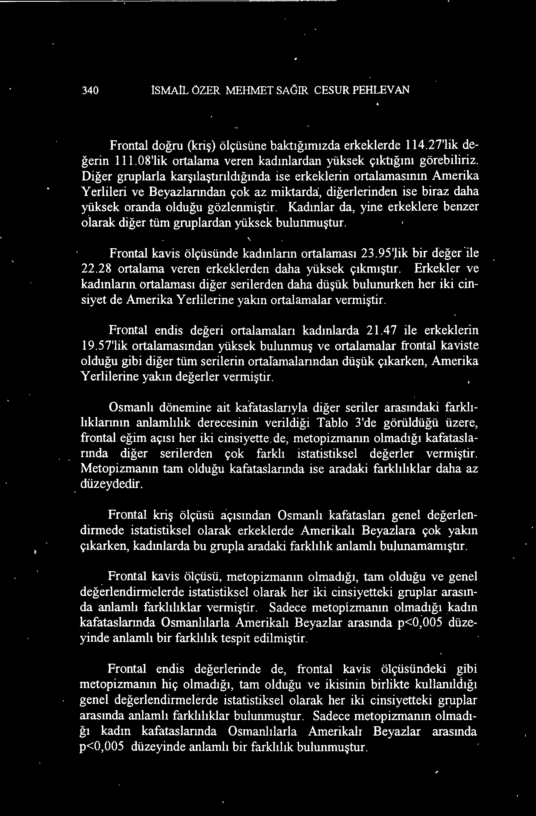 Frontal endis değeri ortalamaları kadınlarda 21.47 ile erkeklerin 19.