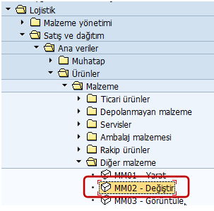 MM02 işlem kodu yukarıdaki menü yolu izlenerek veya komut