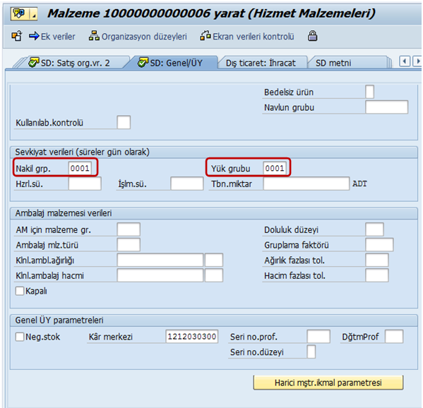 Yukarıdaki ekranda aşağıdaki alanlara veri girişi yapıyoruz. Nakil grp. : Değer olarak 0001 girilir. Yük grubu : Değer olarak 0001 girilir.