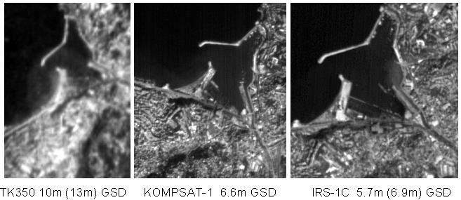 Örnek Görüntüler (2) TK350, 10m (13m) YÖA Kompsat-1, 6.6m YÖA IRS-1C, 5.7m (6.9m) YÖA 10m normal YÖA değerine sahip olan TK-350 görüntüsü ise, gerçekte 13m etkin YÖA değerine sahiptir.