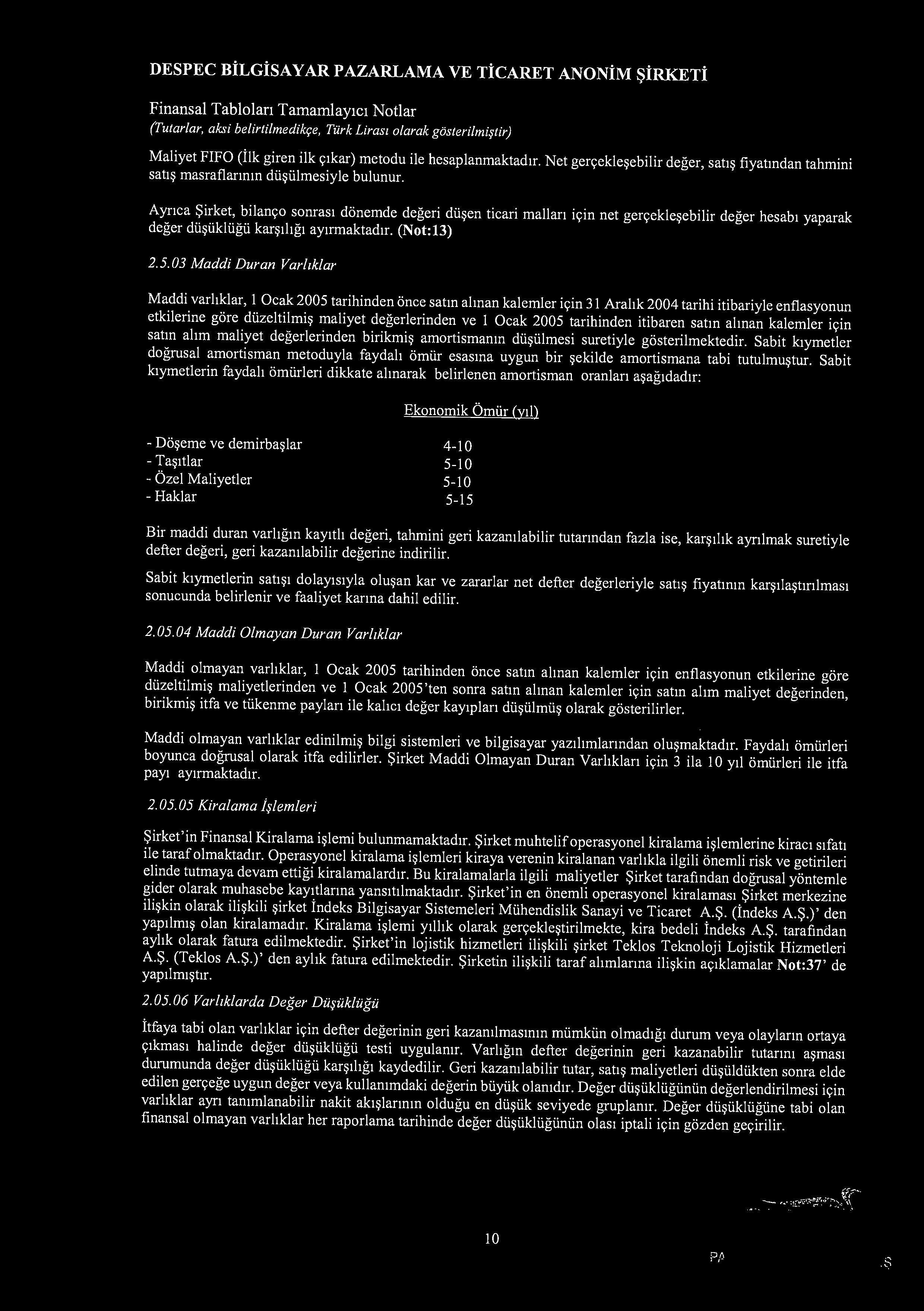 DESPEC BiLGiSAYAR PAZARLAMA VE Ti CARET ANONiM ~irketi (Tutarlar, aksi belirtilmedikr;e, Tiirk Lirasi olarak gdsterilmi$lir) Maliyet FIFO (ilk giren ilk 91kar) metodu ile hesaplanmaktad1r.