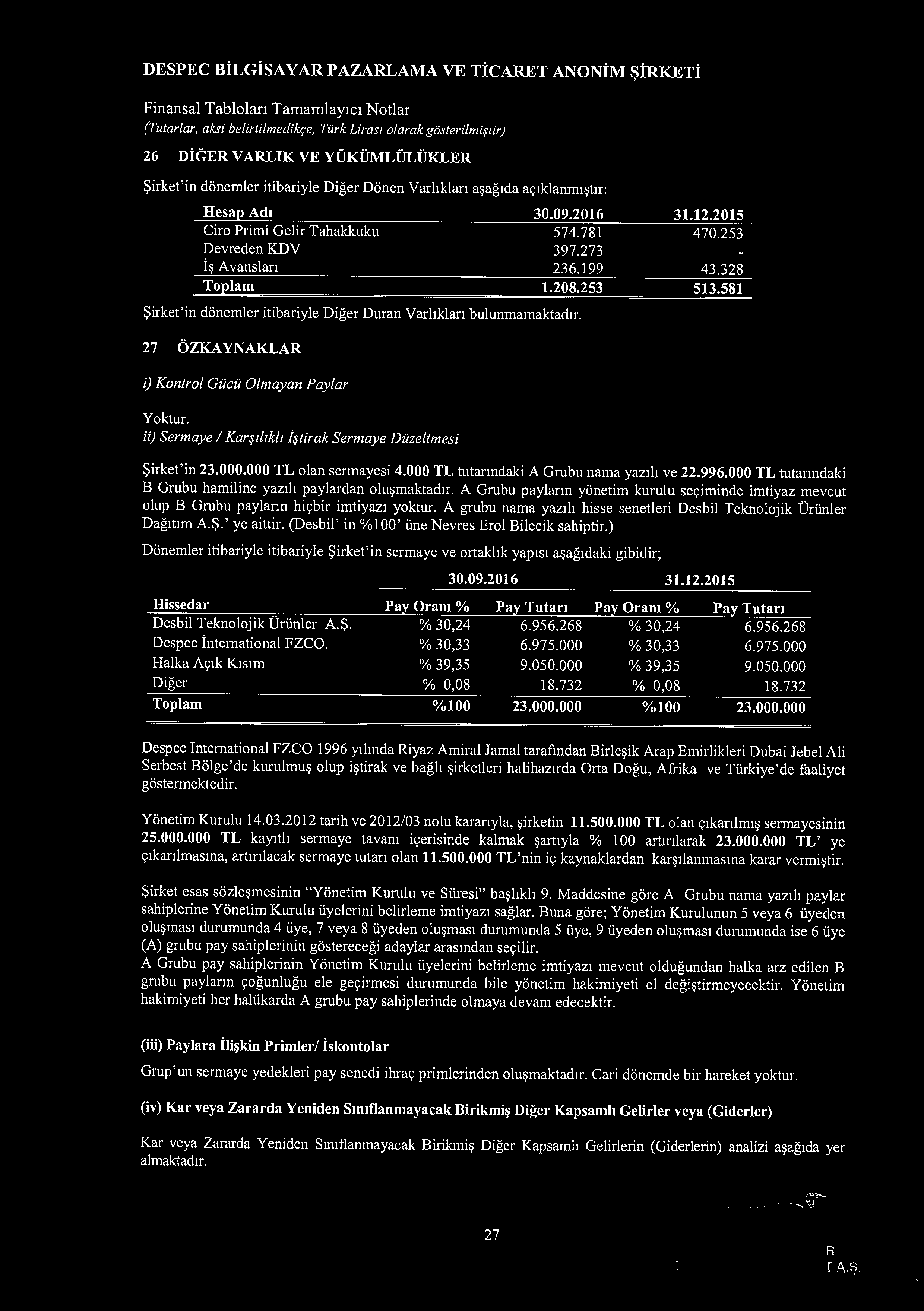 DESPEC BiLGiSAYAR PAZARLAMA VE TiCARET ANONiM ~irketi (Tutarlar, aksi belirtilmedikr;e, Tiirk Liras1 olarak gosterilmi$1ir) 26 DiGER V ARLIK VE YUKUMLULUKLER Sirket'in donemler itibariyle Diger Donen