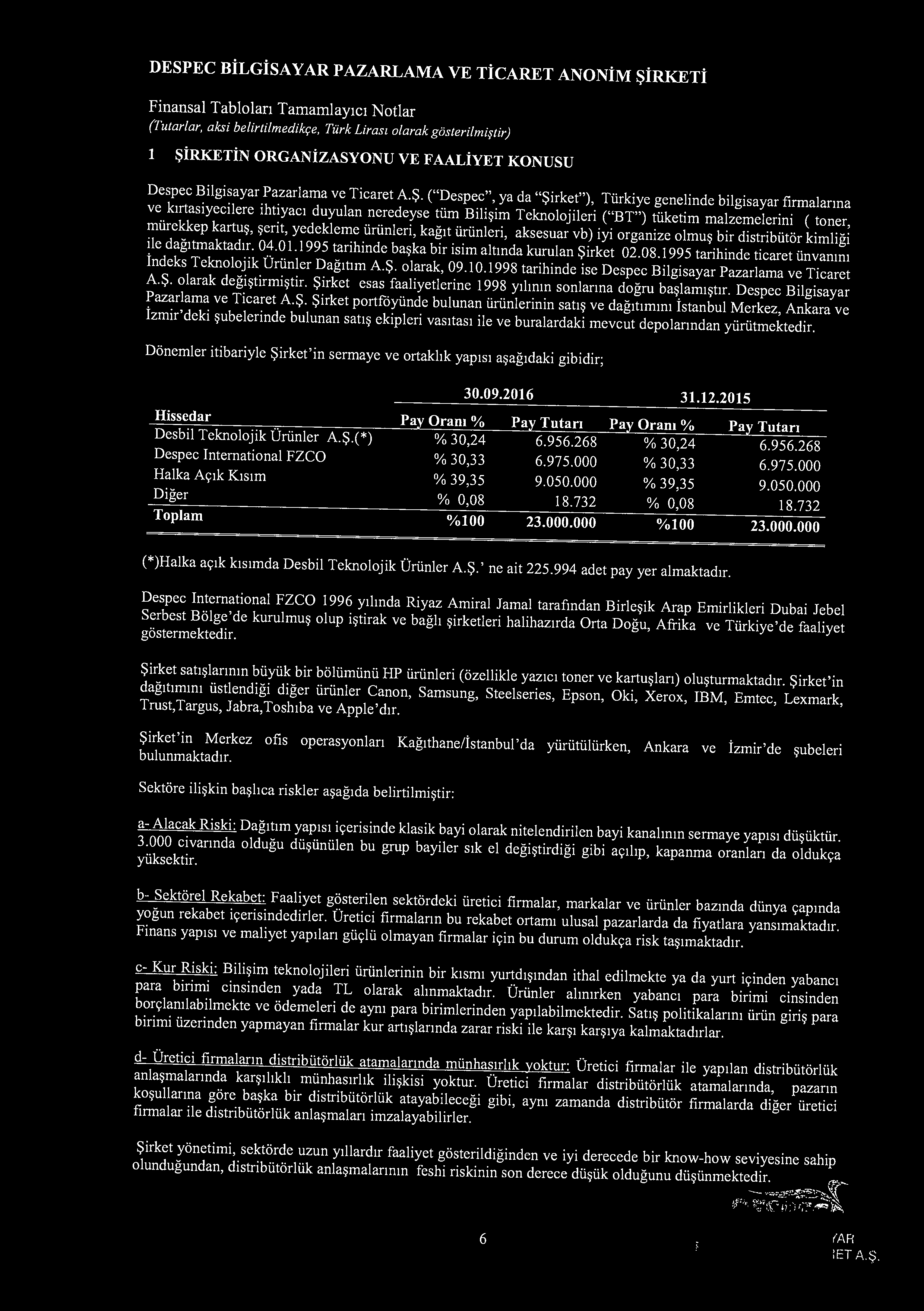 DESPEC BiLGiSAYAR PAZARLAMA VE Ti CARET ANONiM ~irketi (Tutarlar, aksi belirtilmedikr;e, Turk Liras1 olarak gosterilmifjtir) 1 ~irketin ORGANiZASYONU VE FAALiYET KONUSU Despec Bilgisayar Pazarlama ve