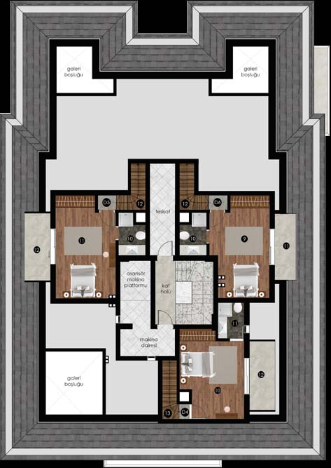 ..13,87 m² 5 Oda...13,70 m² 6 Ebv. Oda...17,64 m² 7 Banyo...4,50 m² 8 Balkon...8,42 m² Kullanım Alanı...116,23 m² Brüt Alan...126,58 m² DAİRE 6 (Dubleks) 1 Antre...10,52 m² 2 Salon...32,29 m² 3 Mutfak.