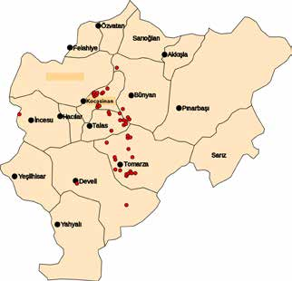 Kayseri ve Nevşehir illerinde ignimbrit işletmeciliği (ocakçılığı) yapılan ilçeler ise, Kayseri de, Merkez ilçe, İncesu, Melikgazi, Tomarza, Pınarbaşı, Talas, Bünyan, Kocasinan