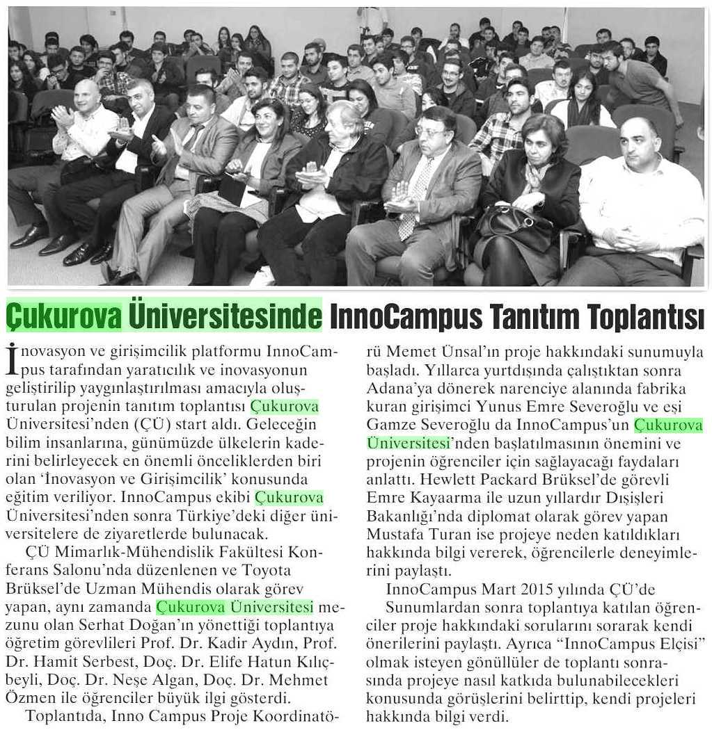 ÇUKUROVA ÜNIVERSITESINDE INNOCAMPUS TANITIM TOPLANTISI