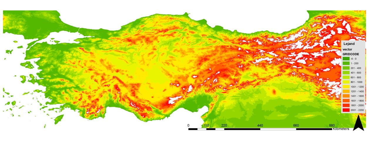 Şekil 2. STRM 30 verileri kullanılarak üretilen 200 m aralıklı Türkiye yükselti haritası 3. Yöntem Yöntem, veri temini, format değiştirme ve ölçümler olmak üzere üç kısımdan oluşmaktadır.