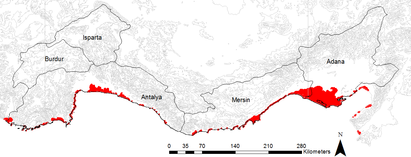Şekil 4. Türkiye 0-10 m. alçak rakımlı kıyı bölgeleri Türkiye alçak rakımlı kıyı bölgeleri Türkiye yüz ölçümünün %3'ünü kaplamaktadır. Şekil 5. Türkiye güney kıyıları 0-10 m.