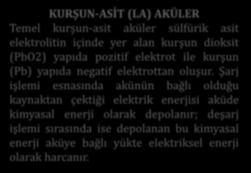 Enerji Sistemleri Aküler/Bataryalar KURŞUN-ASİT (LA) AKÜLER Temel kurşun-asit aküler sülfürik asit elektrolitin içinde yer alan kurşun dioksit (PbO2) yapıda pozitif elektrot ile kurşun (Pb) yapıda