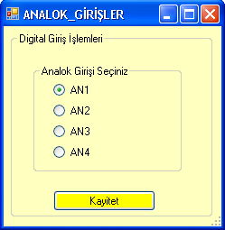 42 5.6. Analog girişler: Programda dört tane analog giriş seçeneği bulunmaktadır. Her biri (0 5) volt arasında değer okuyabilmektedir. Bu butona tıklandığında ekrana şekil 5.