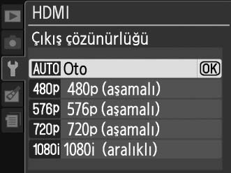 HDMI Seçenekleri Ayarlar menüsündeki HDMI seçeneği çıkış çözünürlüğünü denetler ve fotoğraf makinesine HDMI-CEC (High-Definition Multimedia Interface Consumer Electronics Control (Yüksek Tanımlı