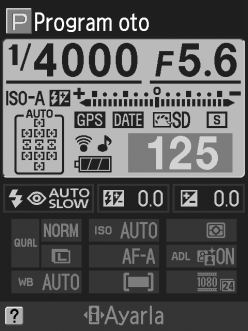 ..38, 55 11 AF alanı modu...38, 58 12 Ölçüm...79 13 Etkin D-Lighting...85 14 Film kare boyutu...47 15 GPS bağlantısı göstergesi...98 16 Oto ISO duyarlılığı göstergesi... 132 17 Manuel flaş göstergesi.