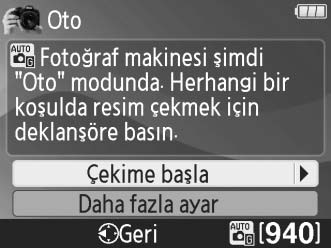 Kılavuz Modu Menüleri Bu menülere erişmek için, Çekim, Görüntüle/sil veya Ayarlar öğesini vurgulayın ve J düğmesine basın.! Çekim Kolay kullanım 4 Oto 5 Flaş yok 9 Uzaktaki konular!