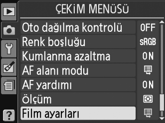 Film Ayarları Filmin kare boyutunu ve ses seçeneklerini seçin.