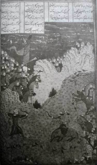 Res. 9- Rüstem ile Aşkbus Savaşı: Cuki Şehnâmesi, Timurlu dönemi, Herat, 1440 [Londra,